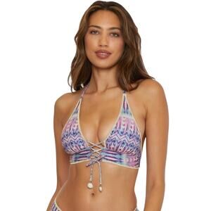 BECCA Women's Tulum Halter Bikini Top Small Purple Multi Printed Lace Front NWT